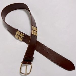 Vintage Linea Pelle Brown Leather Belt with Gold Tone Square Medor Studs